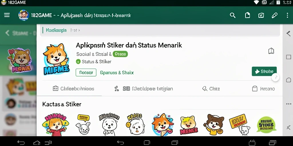 Antarmuka aplikasi 182GAME menampilkan berbagai pilihan stiker.