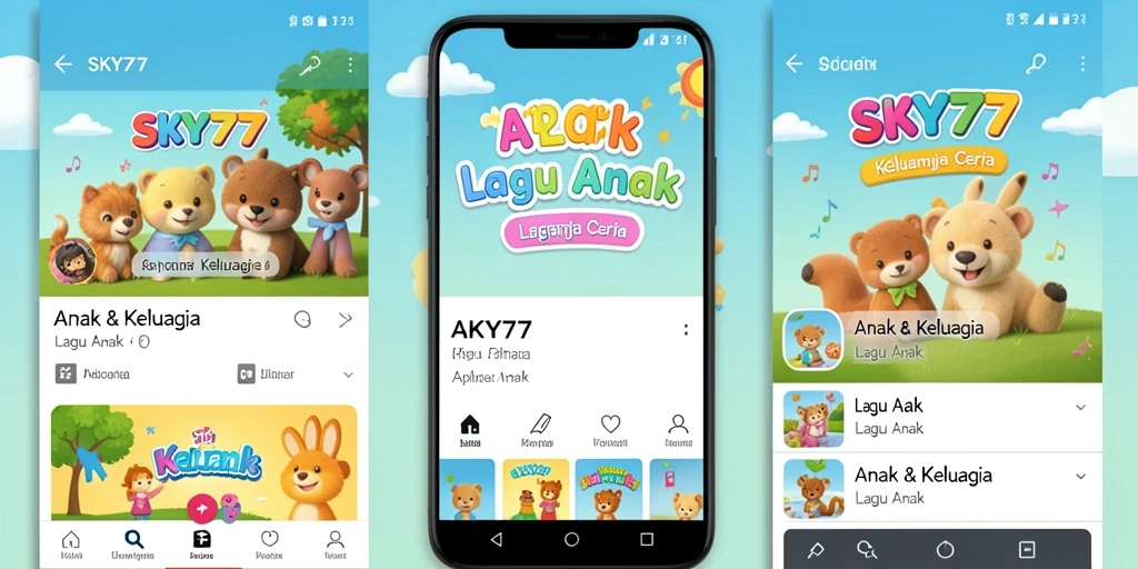 Tampilan antarmuka aplikasi SKY77 yang ramah anak dengan fitur lagu dan karaoke.